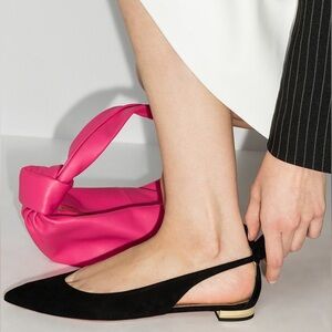 Aquazzura Black Pointed Slingback Flats with Gold Accent